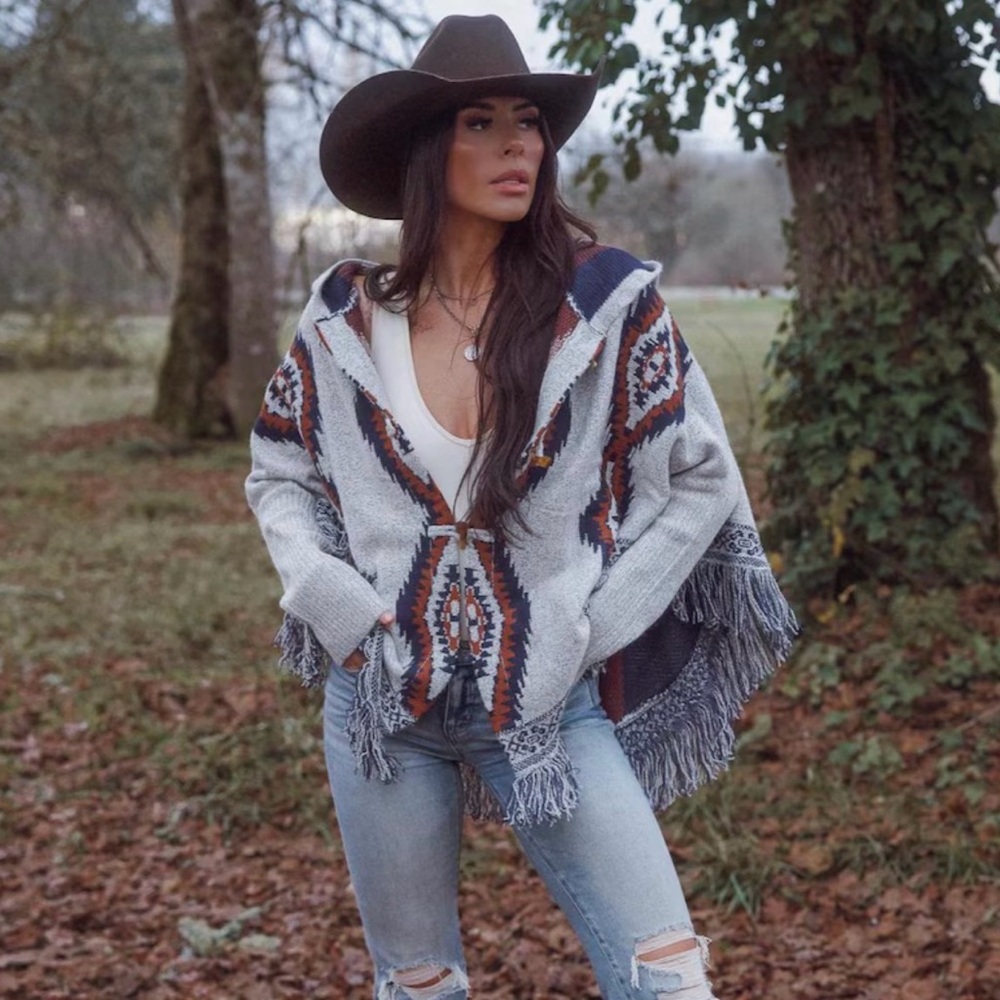 New Grey Toggle Hooded Cardigan Sweater Western Aztec Fringe Rodeo Country